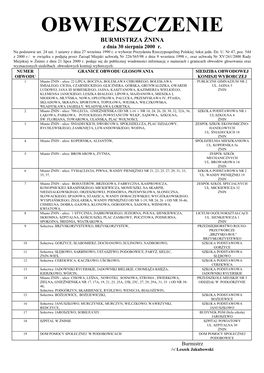 OBWIESZCZENIE BURMISTRZA ŻNINA Z Dnia 30 Sierpnia 2000 R
