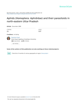 Aphids (Homoptera: Aphididae) and Their Parasitoids in North-Eastern Uttar Pradesh