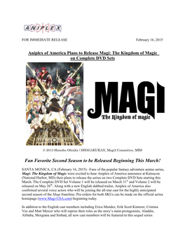 Aniplex of America Plans to Release Magi: the Kingdom of Magic on Complete DVD Sets