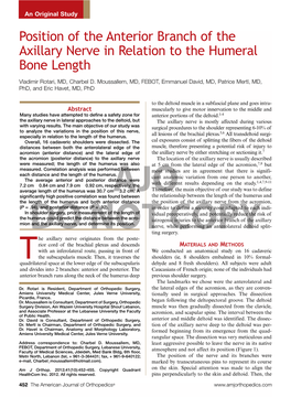 Position of the Anterior Branch of the Axillary Nerve in Relation to the Humeral Bone Length Anterior Distance (Mm) Posterior Distance (Mm)