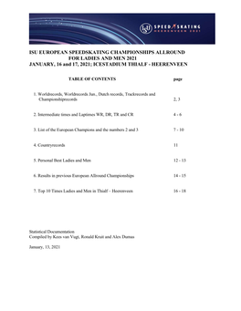 ISU EUROPEAN SPEEDSKATING CHAMPIONSHIPS ALLROUND for LADIES and MEN 2021 JANUARY, 16 and 17, 2021; ICESTADIUM THIALF - HEERENVEEN