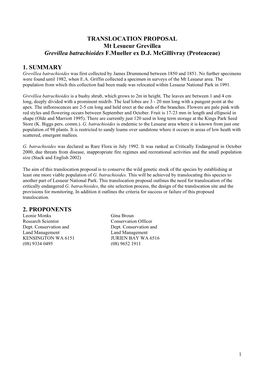 TRANSLOCATION PROPOSAL Mt Lesueur Grevillea Grevillea Batrachioides F.Mueller Ex D.J