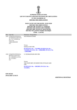 Supreme Court of India List of Curative & Review Petitions (By Circulation) in the Chambers of Hon'ble the Chief Justice