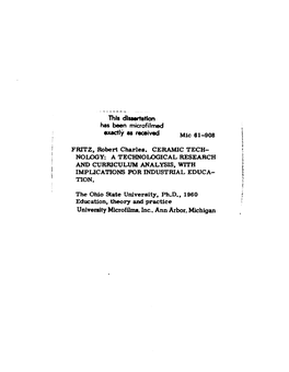 Ceramic Technology: a Technological Research and Curriculum Analysis, with Implications for Industrial Education