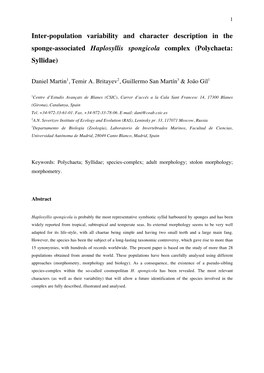 Inter-Population Variability and Character Description in the Sponge-Associated Haplosyllis Spongicola Complex (Polychaeta: Syllidae)