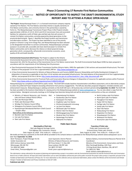 Phase 2 Connecting 17 Remote First Nation Communities NOTICE of OPPORTUNITY to INSPECT the DRAFT ENVIRONMENTAL STUDY REPORT and to ATTEND a PUBLIC OPEN HOUSE