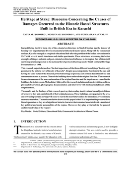 Heritage at Stake: Discourse Concerning the Causes of Damages Occurred to the Historic Hostel Structures Built in British Era in Karachi