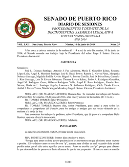 Senado De Puerto Rico Diario De Sesiones Procedimientos Y Debates De La Decimoseptima Asamblea Legislativa Tercera Sesion Ordinaria Año 2014 Vol