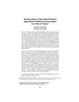 Taming Labour in Neo-Liberal Ontario: Oppositional Political Communication in a Time of “Crisis”