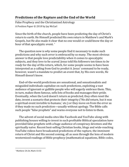 Predictions of the Rapture and the End of the World False Prophecy and the Christianized Astrology a Position Paper © 2018 by Jay Mccarl