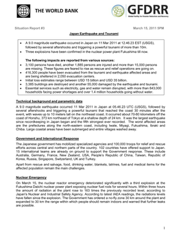 Situation Report #3 March 15, 2011 5PM Japan Earthquake and Tsunami