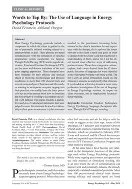 Words to Tap By: the Use of Language in Energy Psychology Protocols David Feinstein, Ashland, Oregon