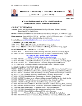 CV and Publications List of Dr. Abdelfattah Badr Professor of Genetics and Plant Biodiversity