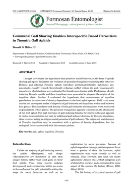 Formosan Entomologist Journal Homepage: Entsocjournal.Yabee.Com.Tw