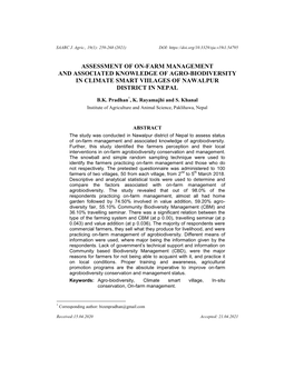 Assessment of On-Farm Management and Associated Knowledge of Agro-Biodiversity in Climate Smart Viilages of Nawalpur District in Nepal