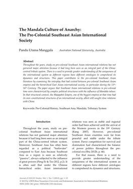 The Mandala Culture of Anarchy: the Pre-Colonial Southeast Asian International Society