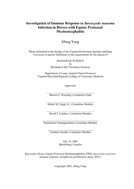 Investigation of Immune Response to Sarcocystis Neurona Infection in Horses with Equine Protozoal Myeloencephalitis
