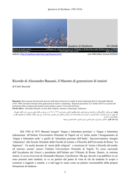 Ricordo Di Alessandro Bausani, Il Maestro Di Generazioni Di Iranisti Di Carlo Saccone