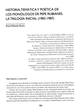 HISTORIA,TEMÁTICA Y POÉTICA DE LOS MONÓLOGOS DE PEPE RUBIANES. LA Trilogía INICIAL (1983-1987)