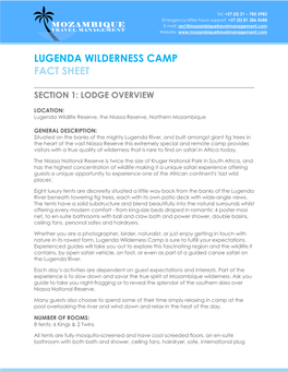 Lugenda Wilderness Camp Fact Sheet