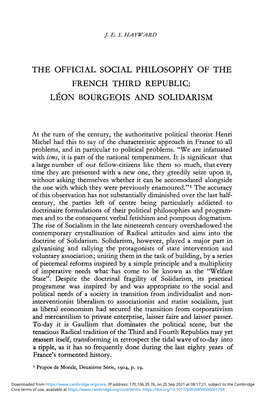 The Official Social Philosophy of the French Third Republic: Leon Bourgeois and Solidarism