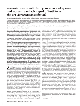 Are Variations in Cuticular Hydrocarbons of Queens and Workers a Reliable Signal of Fertility in the Ant Harpegnathos Saltator?