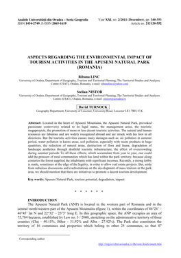 Aspects Regarding the Environmental Impact of Tourism Activities in the Apuseni Natural Park (Romania)