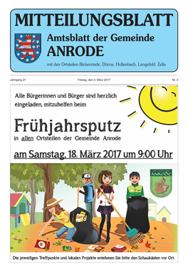 MITTEILUNGSBLATT Amtsblatt Der Gemeinde ANRODE Mit Den Ortsteilen Bickenriede, Dörna, Hollenbach, Lengefeld, Zella
