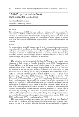 A Sikh Perspective on Life-Stress: Implications for Counselling Jaswinder Singh Sandhu Peace Arch Community Services