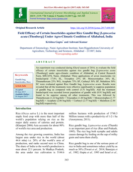 Field Efficacy of Certain Insecticides Against Rice Gundhi Bug [Leptocorisa Acuta (Thonberg)] Under Agro-Climatic Condition of Allahabad, India