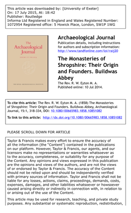 Archaeological Journal the Monasteries of Shropshire: Their Origin and Founders. Buildwas Abbey