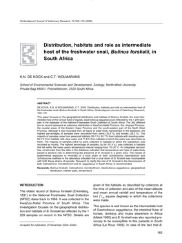 Distribution, Habitats and Role As Intermediate Host of the Freshwater Snail, Bulinus Forskalii, in South Africa