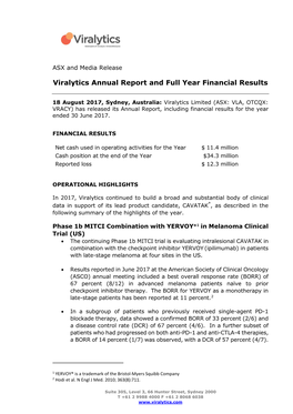 Viralytics Annual Report and Full Year Financial Results