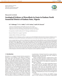 Research Article Serological Evidence of Brucellosis in Goats in Kaduna North Senatorial District of Kaduna State, Nigeria