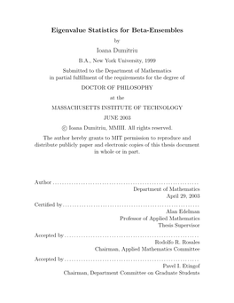 Eigenvalue Statistics for Beta-Ensembles Ioana Dumitriu