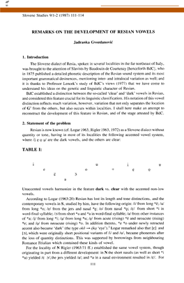 Remarks on the Development of Resian Vowels Table I