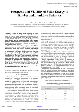 Prospects and Viability of Solar Energy in Khyber Pakhtunkhwa Pakistan