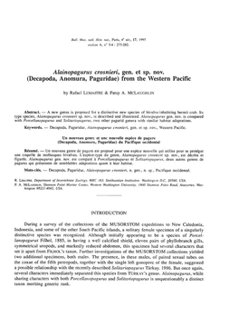 Alainopagurus Crosnieri^ Gen. Et Sp. Nov. (Decapoda, Anomura, Paguridae) from the Western Pacific