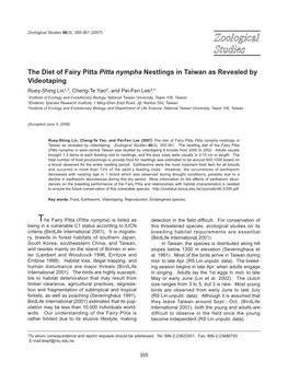 The Diet of Fairy Pitta Pitta Nympha Nestlings in Taiwan As Revealed by Videotaping