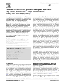 Genetics and Functional Genomics of Legume Nodulation Gary Stacey1, Marc Libault1, Laurent Brechenmacher1, Jinrong Wan1 and Gregory D May2