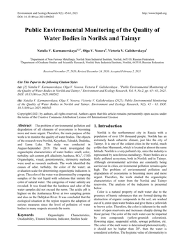 Public Environmental Monitoring of the Quality of Water Bodies in Norilsk and Taimyr