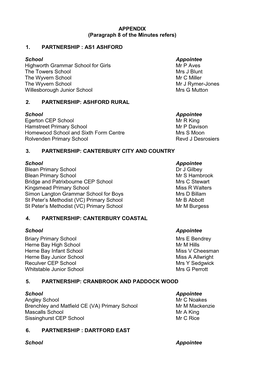 APPENDIX (Paragraph 8 of the Minutes Refers) 1. PARTNERSHIP : AS1 ASHFORD School Appointee Highworth Grammar School for Girls M