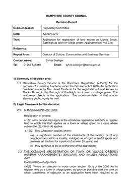 Application for Registration of Land Known As Monks Brook, Eastleigh As Town Or Village Green (Application No