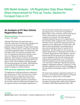 US Registration Data Show Market Share Improvement for Pick-Up Trucks, Decline for Compact Cars in H1