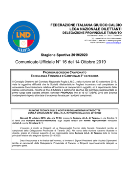 Comunicato Ufficiale N° 16 Del 14 Ottobre 2019