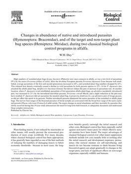 And of the Target and Non-Target Plant Bug Species (Hemiptera: Miridae), During Two Classical Biological Control Programs in Alfalfa