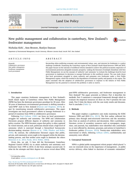 New Public Management and Collaboration in Canterbury, New Zealand’S Freshwater Management MARK ⁎ Nicholas Kirk , Ann Brower, Ronlyn Duncan