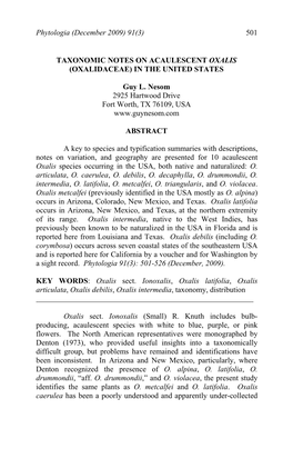 Taxonomic Notes on Acaulescent Oxalis (Oxalidaceae) in the United States