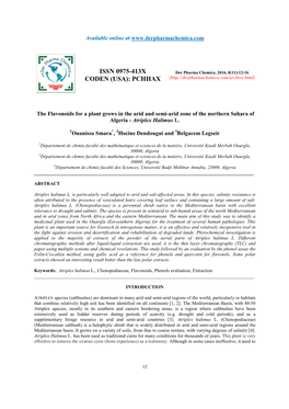 The Flavonoids for a Plant Grows in the Arid and Semi-Arid Zone of the Northern Sahara of Algeria - Atriplex Halimus L