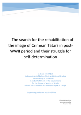 The Search for the Rehabilitation of the Image of Crimean Tatars in Post- WWII Period and Their Struggle for Self-Determination